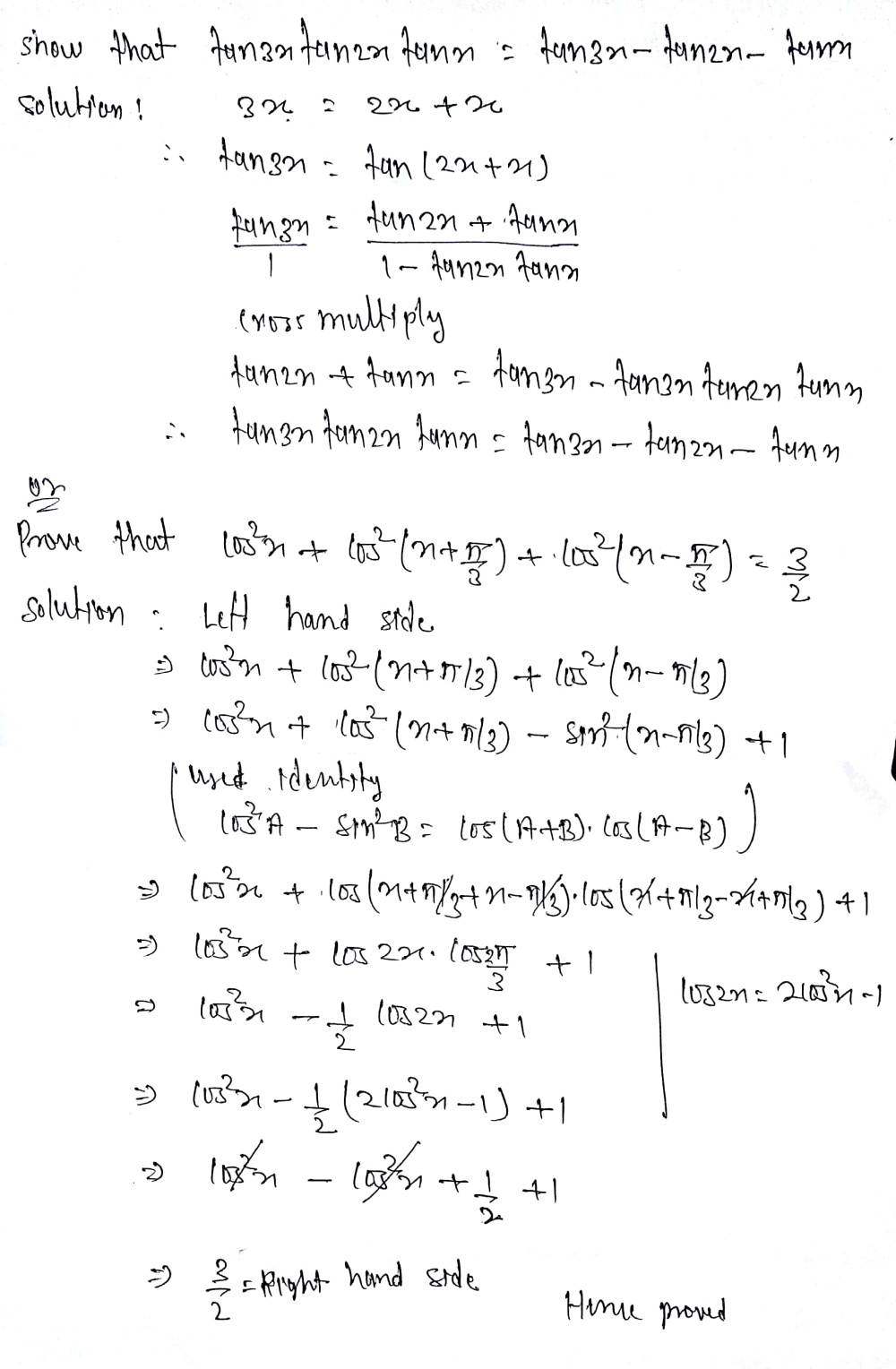 Show That Tan 3xtan 2xtan X Tan 3x Tan 2x Tan X Orprove That Cos 2x Cos 2left X Frac Pi 3right Cos 2left X Frac Pi 3right Frac 3 2 Snapsolve