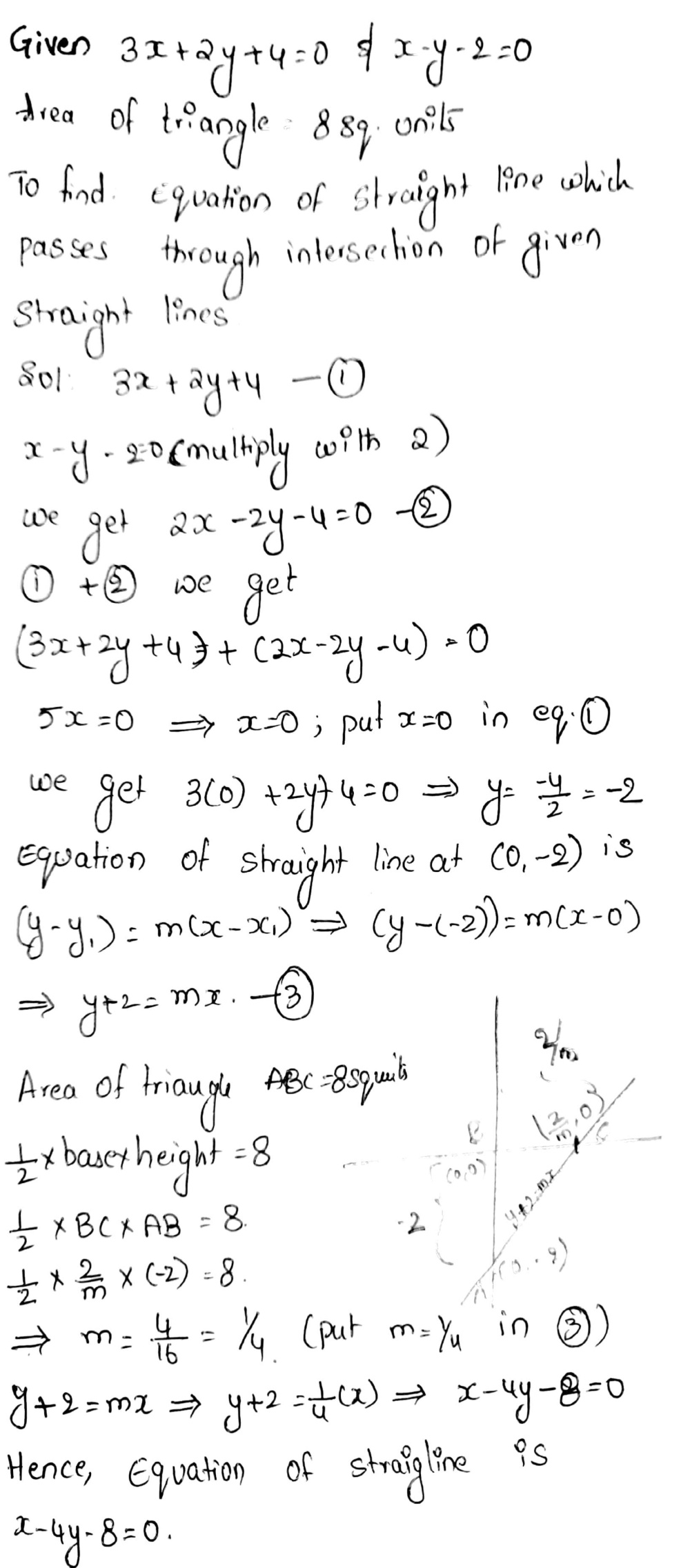 Find The Equation Of Straight Line Which Passes Through The Intersection Of The Straight Lines 3x 2y 4 0 And X Y 2 0 And Forms A Triangle With The Axes Of Area 8 Sq Units Snapsolve