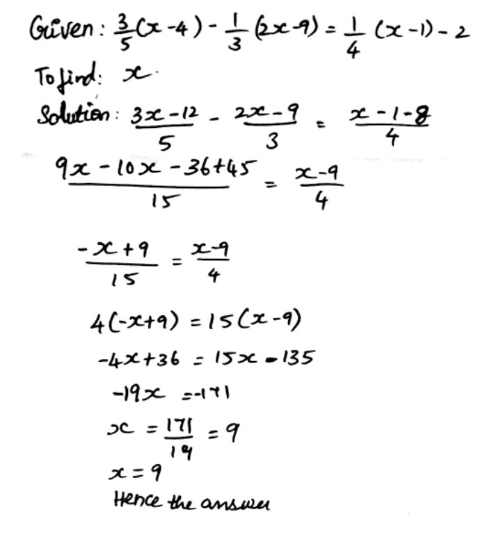 Solve Frac 3 5 X 4 Frac 1 3 2x 9 Frac 1 4 X 1 2 Snapsolve