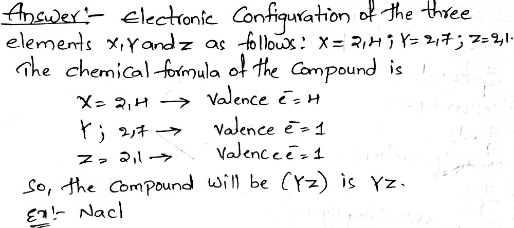 The Electronic Configuration Of Three 1 Pointelements X Y And Z Are As Follows X 2 4 Y 2 7 Z 2 1 Write Thechemical Formula Of The Compoundformed By Combination Of Twoelements Amongst The Ones Given Snapsolve