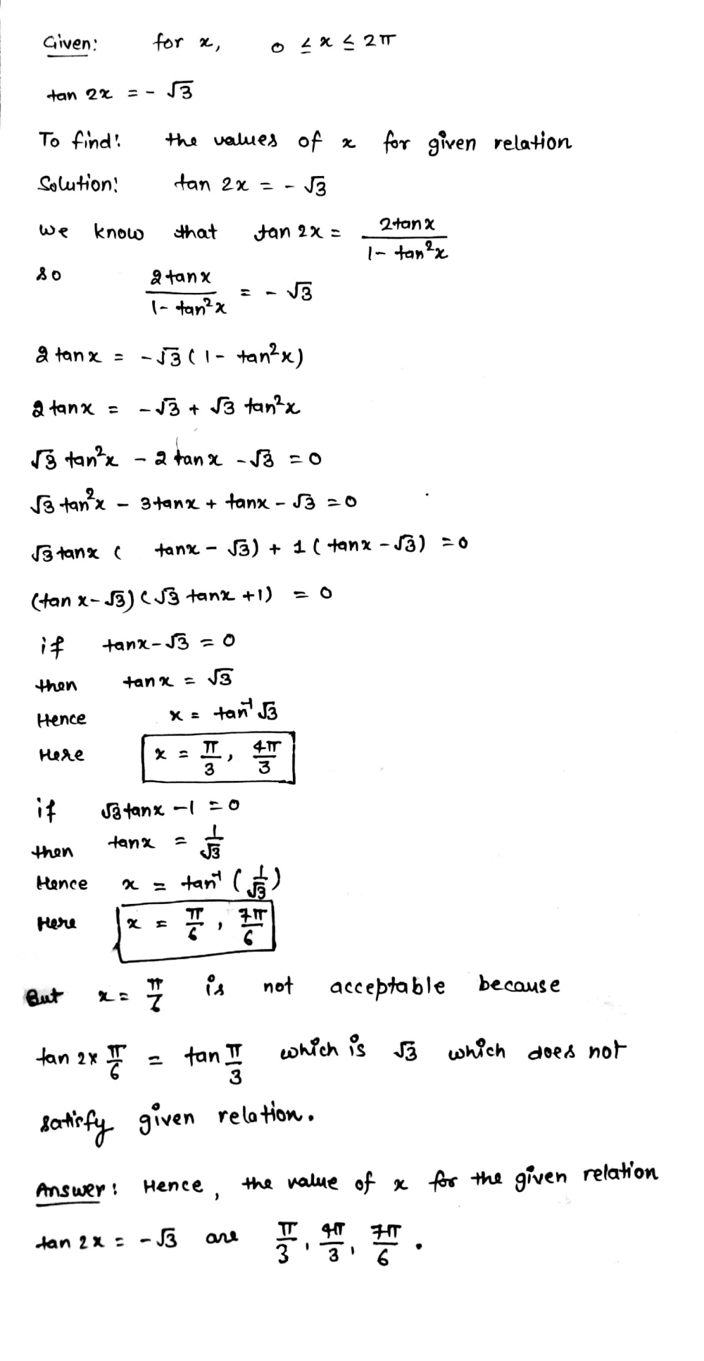 Solve The Following Equations For X 0 Leq X Leq 2pi Tan 2x Sqrt 3 Snapsolve