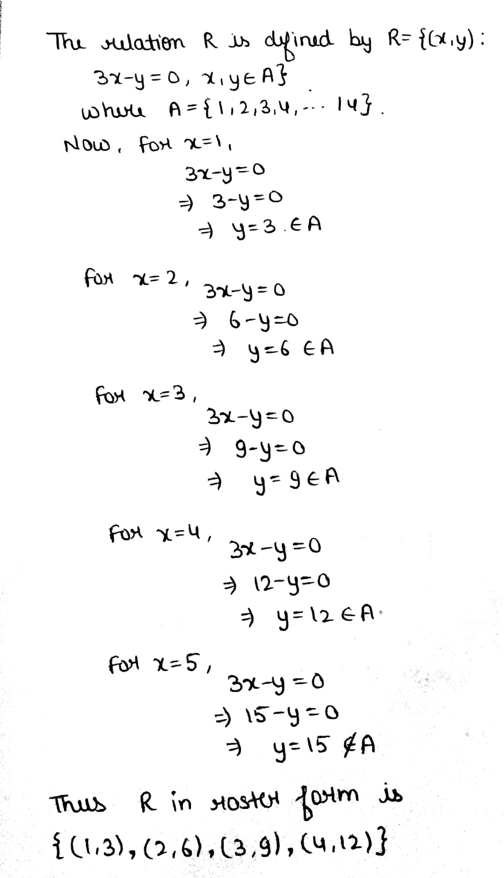 If A Left 1 2 3 4 Dots 14 Right And A Relation R Is Defined From A To A By R Left Left X Y Right 3x Y 0 X Y In A Right Write R Is Roster Form Snapsolve