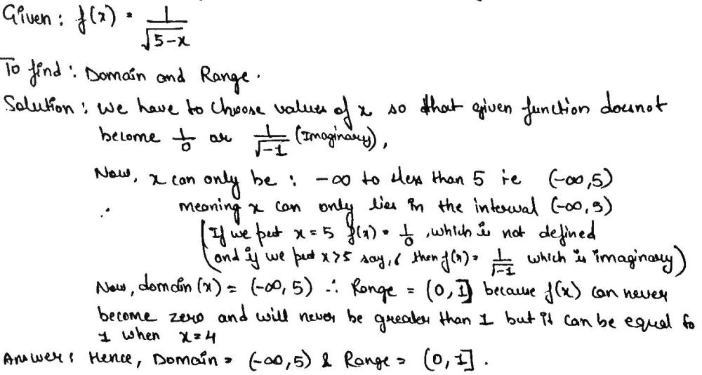 Find The Domain And The Range Of The Function Fleft Xright Frac 1 Sqrt 5 X Snapsolve