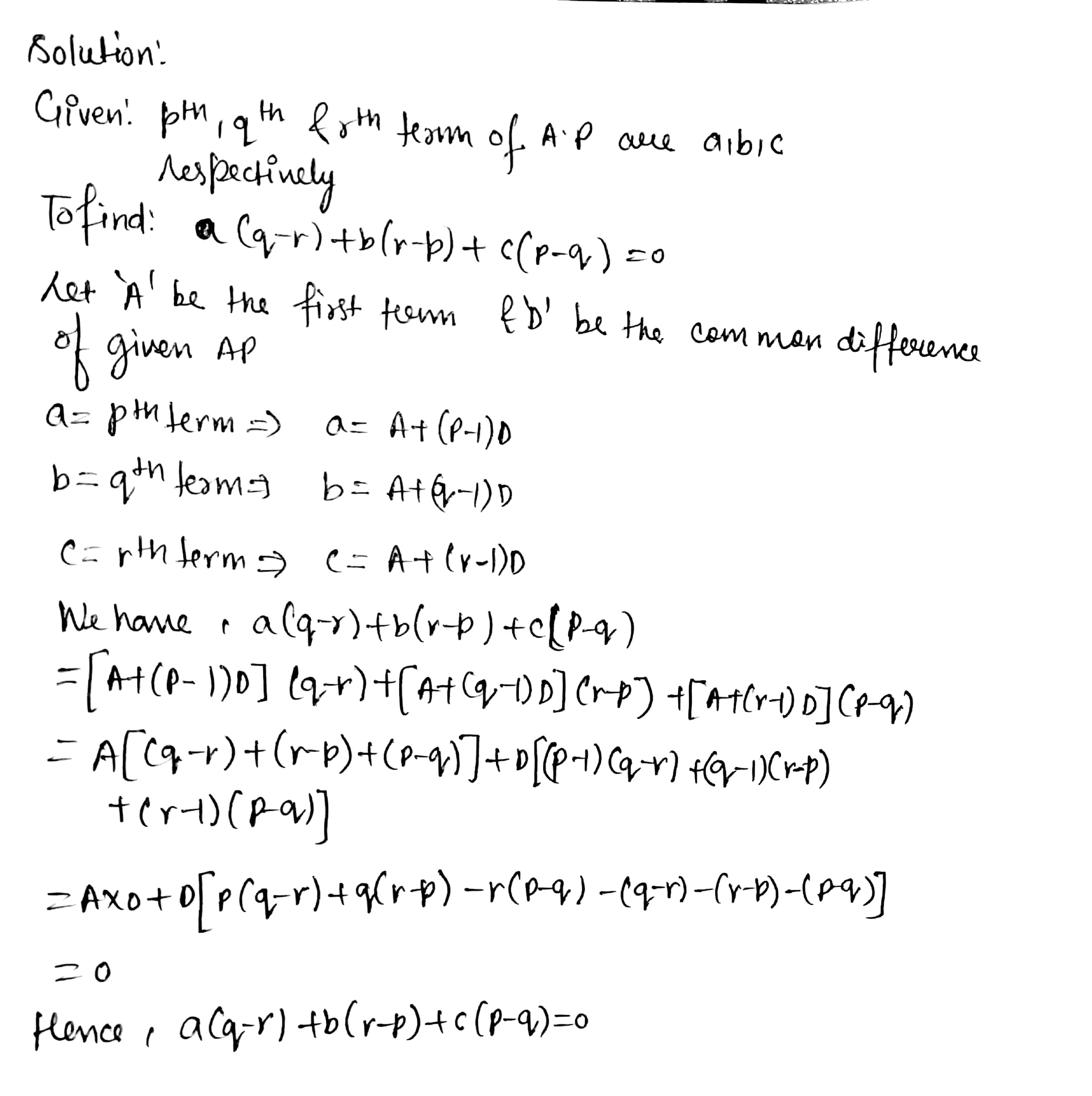 Example 6 If Tex P Th Tex Tex Q Th Tex And Tex R Th Tex Terms Of An A P Are A A B C Respectively Prove That Tex A Q R B R P C P Q 0 Tex Snapsolve