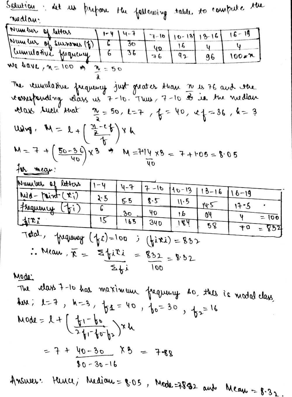 100 Surnames Were Randomly Picked Up From A Local Telephone Directory And The Distribution Of Number Of Letters Of English Alphabet In The Surnames Was Obtained As Follows Number Of Letters1 44 77 1010 1313 16number Of Surnamesdetermine