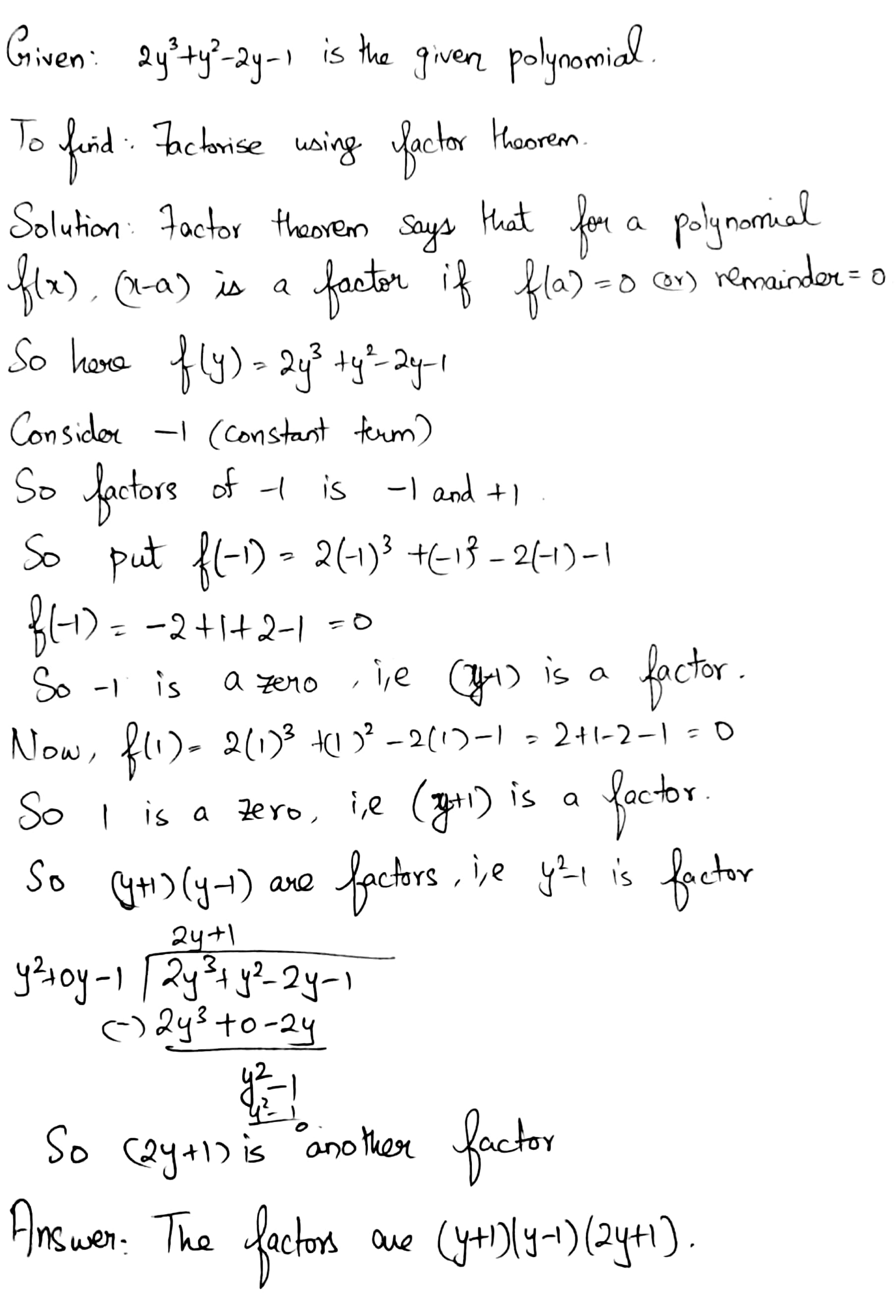 Example 4 Using Factor Theorem Factorise Thefollowing Polynomials Vi 2y 3 Y 2 2y 1 Snapsolve