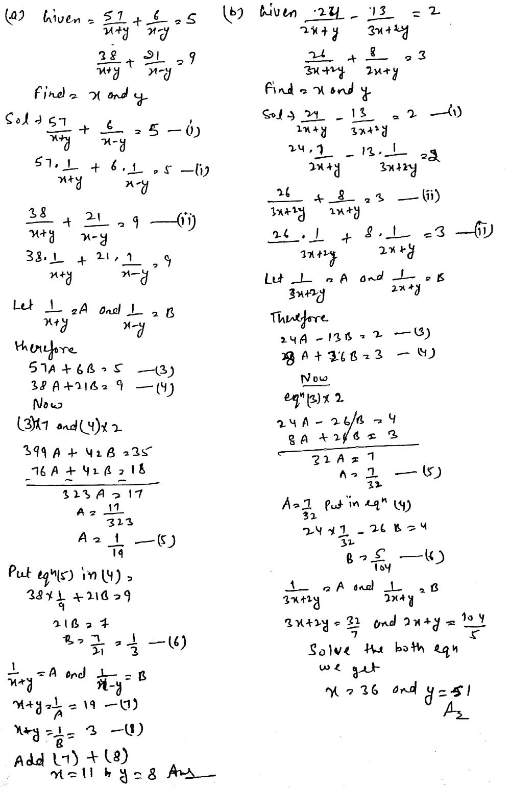 Solve For Xand Y A Frac 57 X Y Frac 6 X Y 5 Frac 38 X Y Frac 21 X Y 9 B Solvefor X And Yfrac 24 2x Y Frac 13 3x 2y 2 Frac 26 3x 2y Frac 8 2x Y 3 Snapsolve