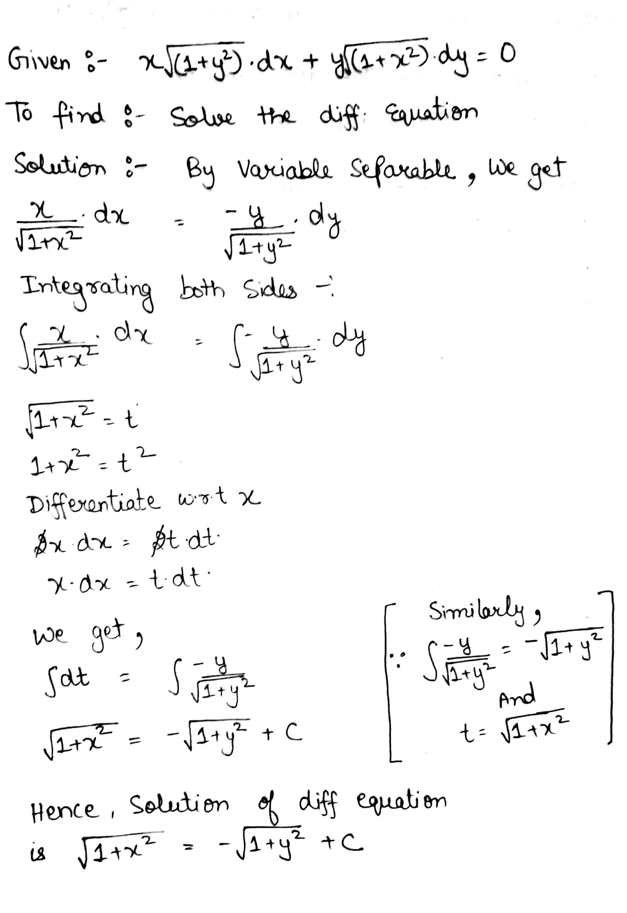 4 Find The Solution Of The Following Differential Equation Tex X Sqrt 1 Y 2 Dx Y Sqrt 1 X 2 Dy 0 Tex Snapsolve