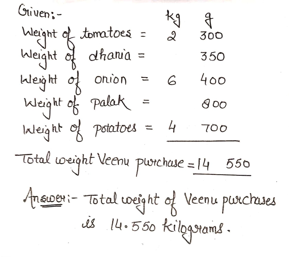 Veenu Purchased 2 Kg 300g Tomatoes 350g Dhania 6kg 400g Onion 800g Palak And 4kg 700g Potatoes Find The Total Weight Of Her Purchases In Kilograms Snapsolve