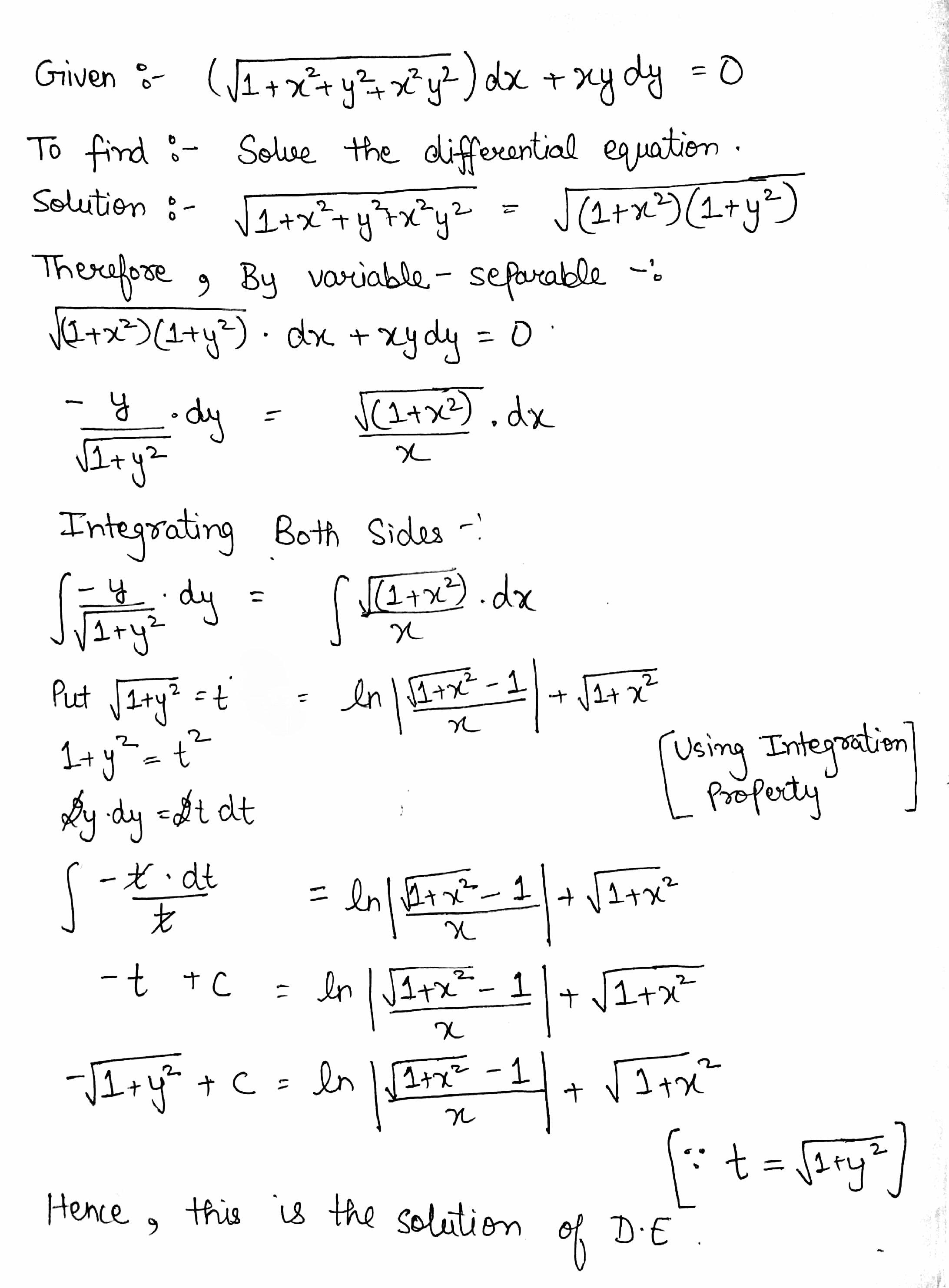 Solve The Following Differential Equation 12 Sqrt 1 X 2 Y 2 X 2 Y 2 Dx Xydy 0 Snapsolve