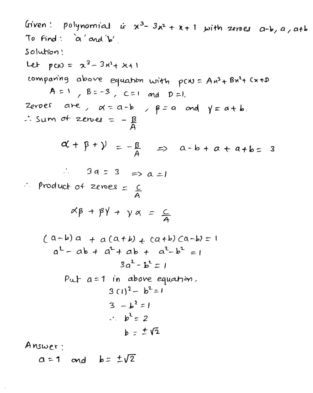 If The Zeroes Of The Polynomial X3 3x2 X 1 Are A B A And A B Then Find A And B Snapsolve