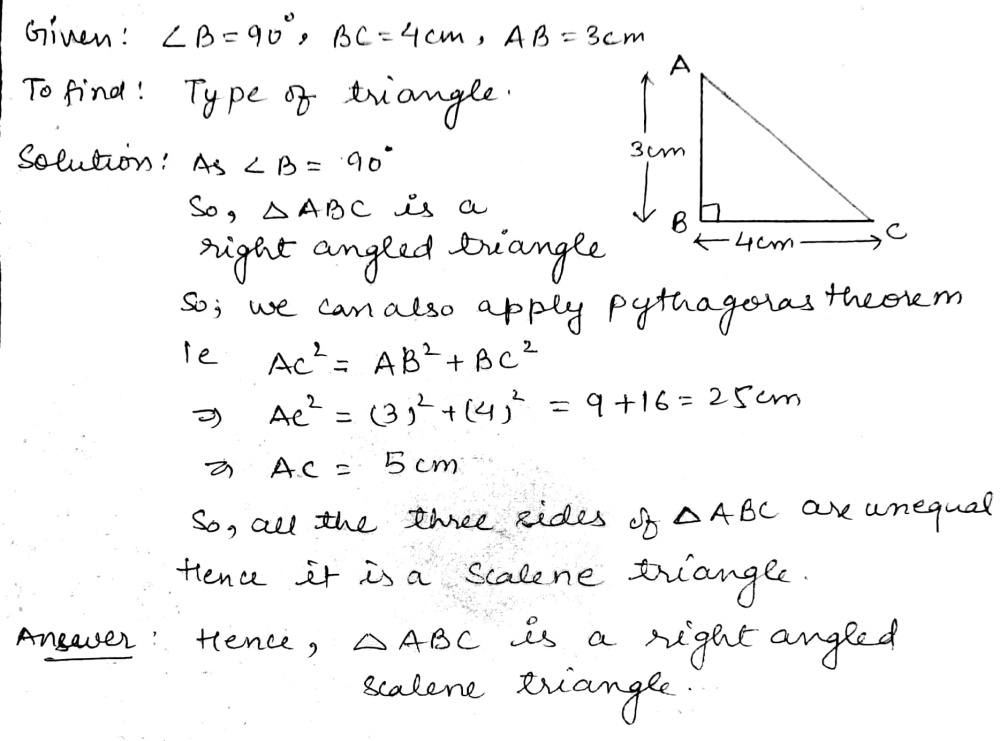 Name The Type Of Triangle If D Delta Mathit Abc Angle B 90 4 Cm Ab 3 Cm Snapsolve