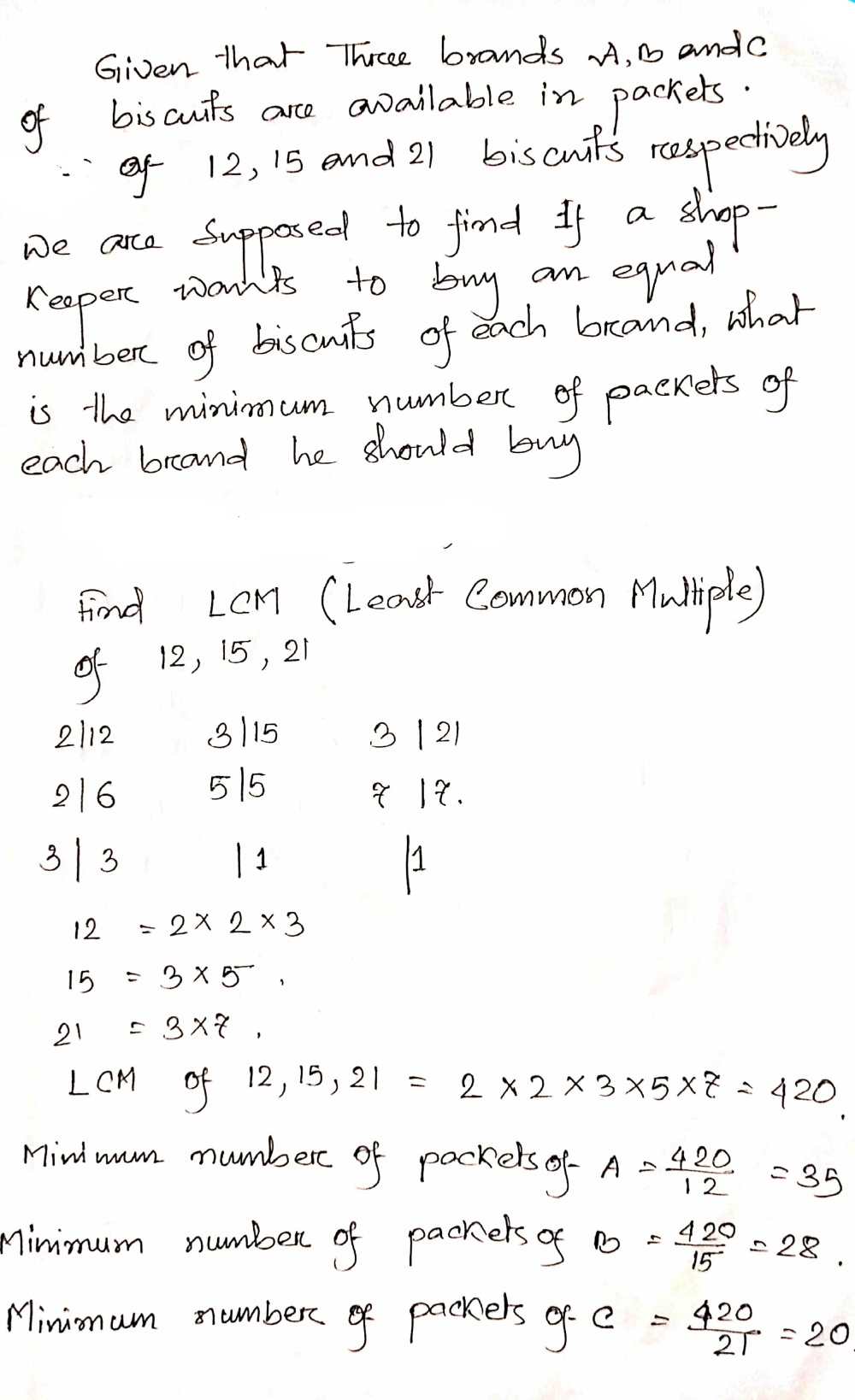Three Brands A B And C Of Biscuits Are Available In Packets Of 12 15 And 21 Biscuits Respectively If A Shopkeeper Wants To Buy An Equal Number Of Biscuits Of Each