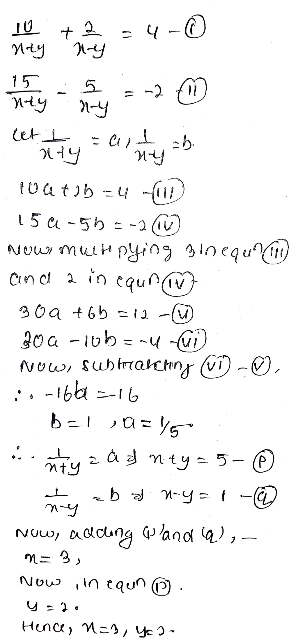 Solve The Following System Of Equations Frac 10 X Y Frac 2 X Y 4 Frac 15 X Y Frac 5 X Y 2 X Neq Y X Neq Y Snapsolve