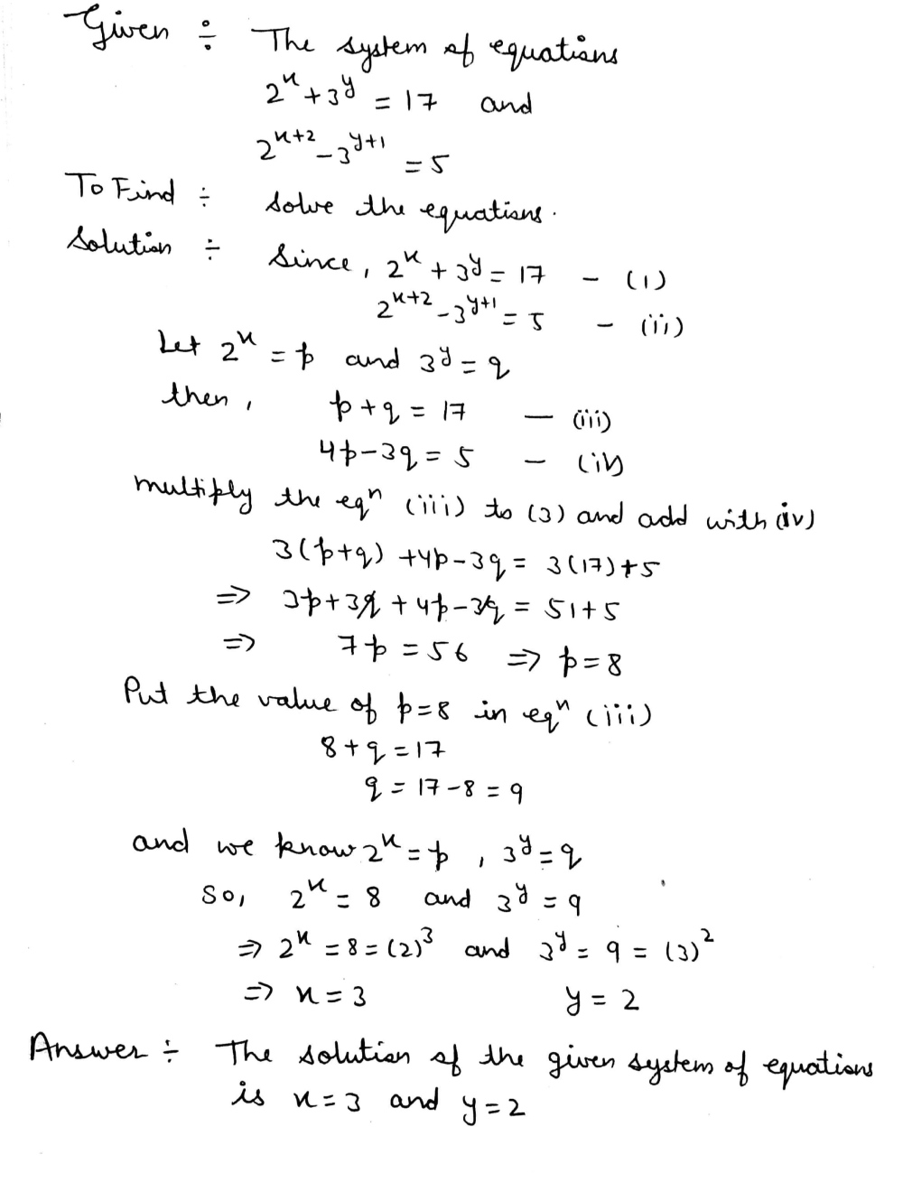 Solve The Following System Of Equations 2 X 3 Y 17 2 X 2 3 Y 1 5 Snapsolve