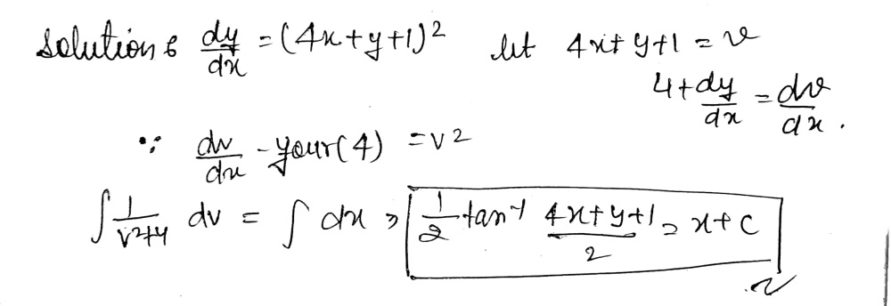 Answer for निम्नलिखित अंतर समीकरणों को हल करें:   c {dy} {dx} = (4x + y + 1) ^ {2}