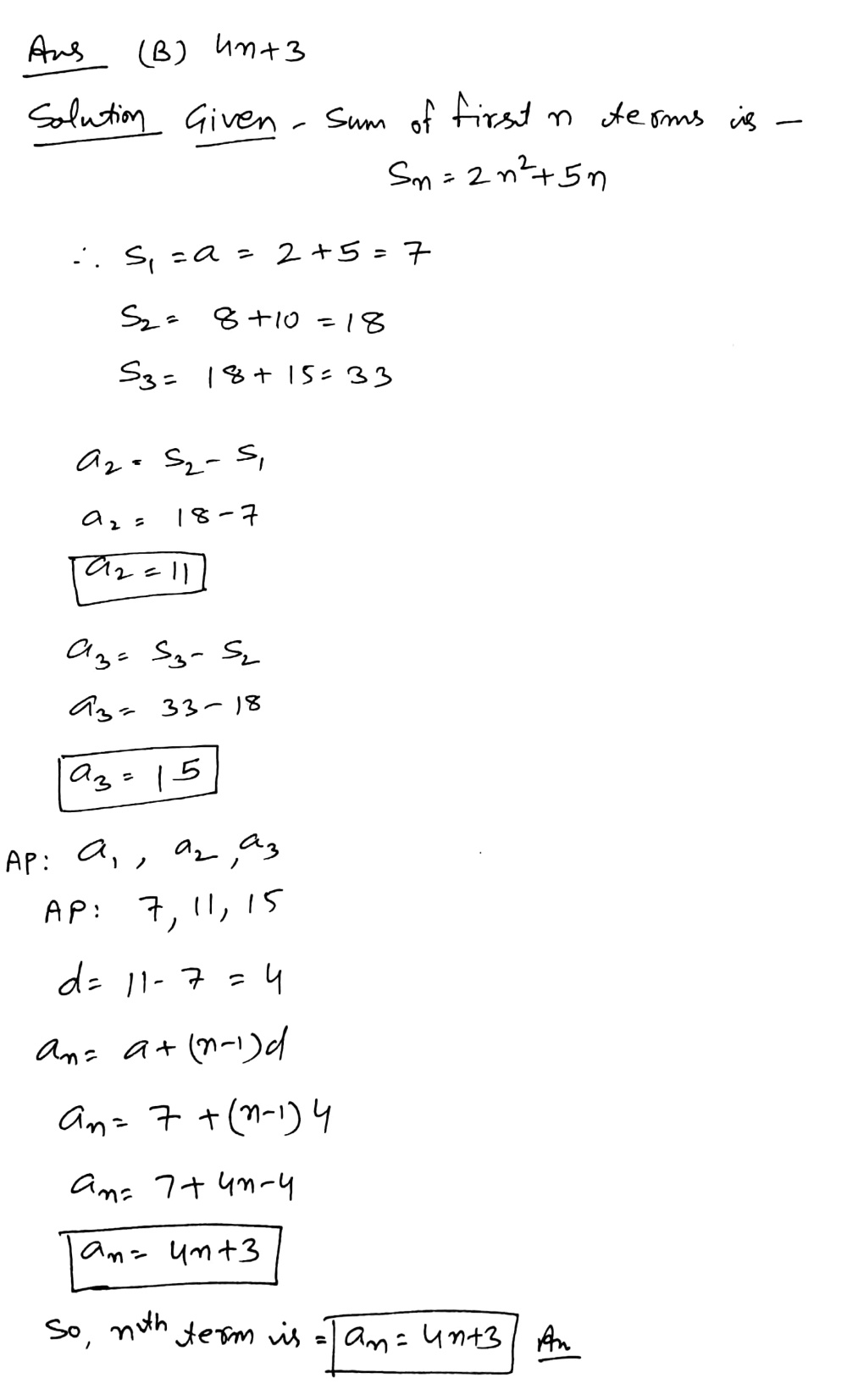 If The Sum Of First N Terms Of An Ap Is 2n 2 5n Then Its N Th Term Is A 4n 3 B 4n 3 C 3n 4 D 3n 4 Snapsolve