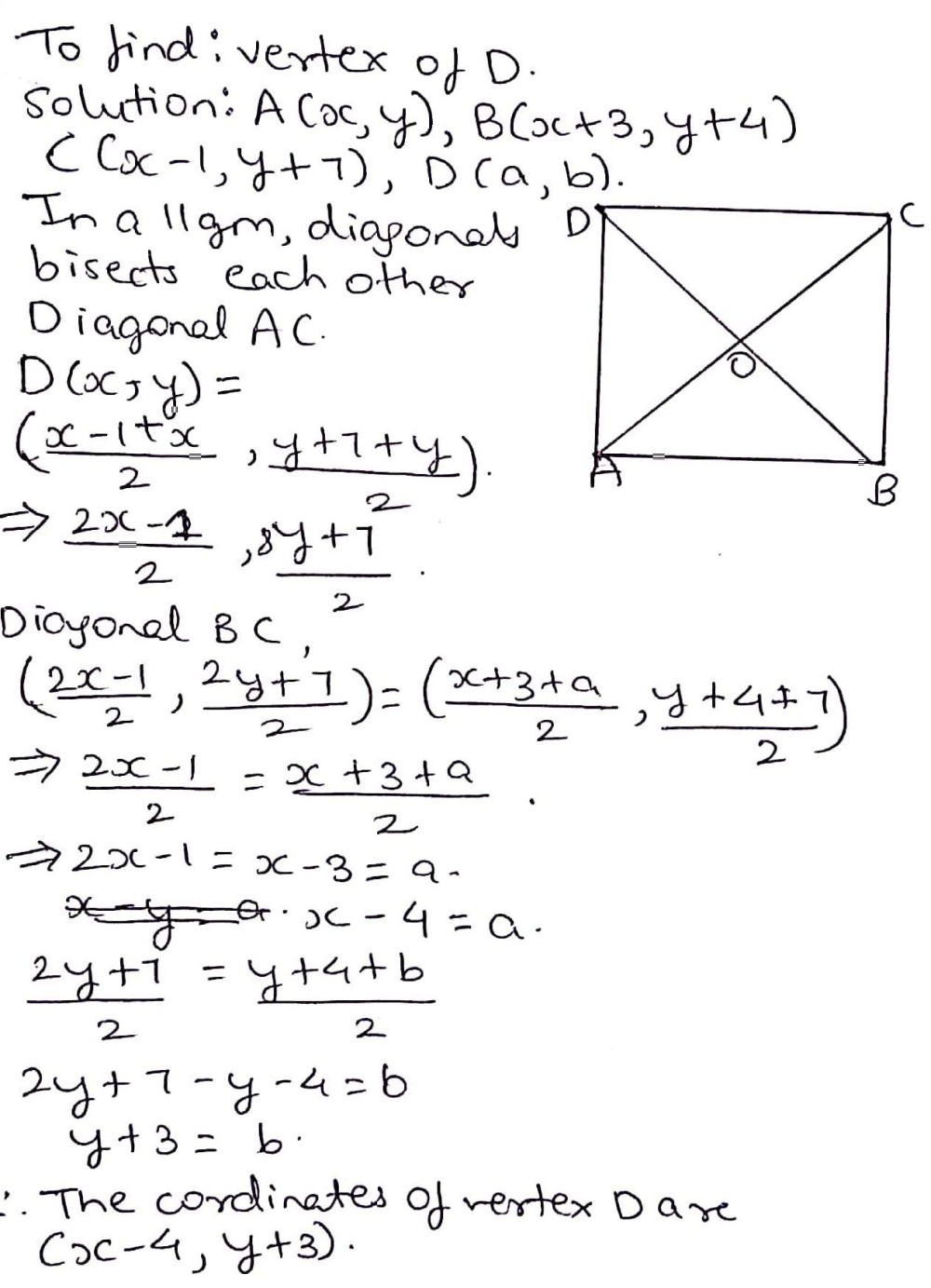 A Left Mathit Xy Right B Left X 3 Y 4 Right C X 1 Y 7 Are The Vertices Of A Parallelogram Abcd Find The Coordinates Of The Vertex D Snapsolve