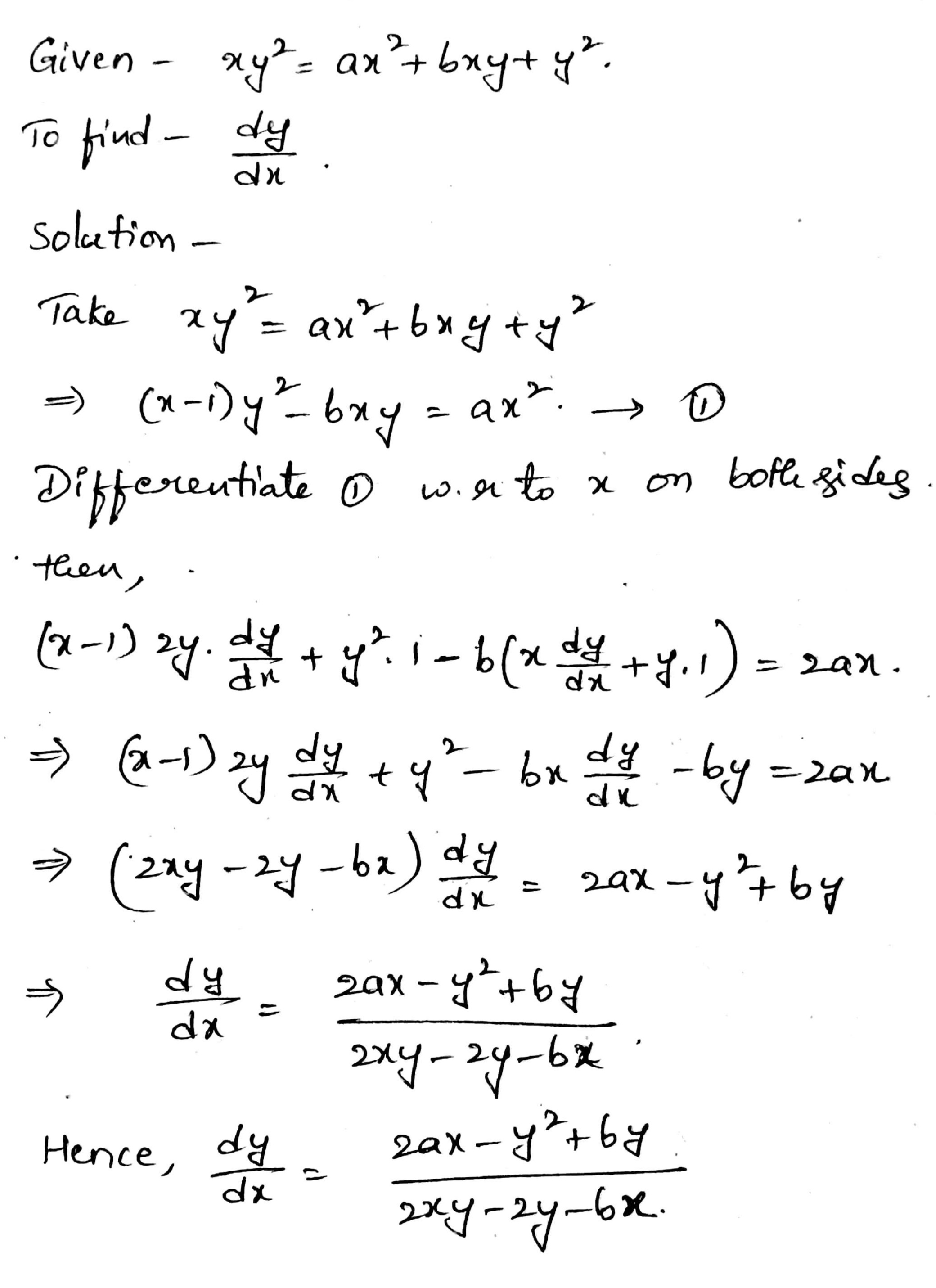 12 If Xy 2 Ax 2 Bxy Y 2 Then Frac Dy Dx Is Equal To Snapsolve