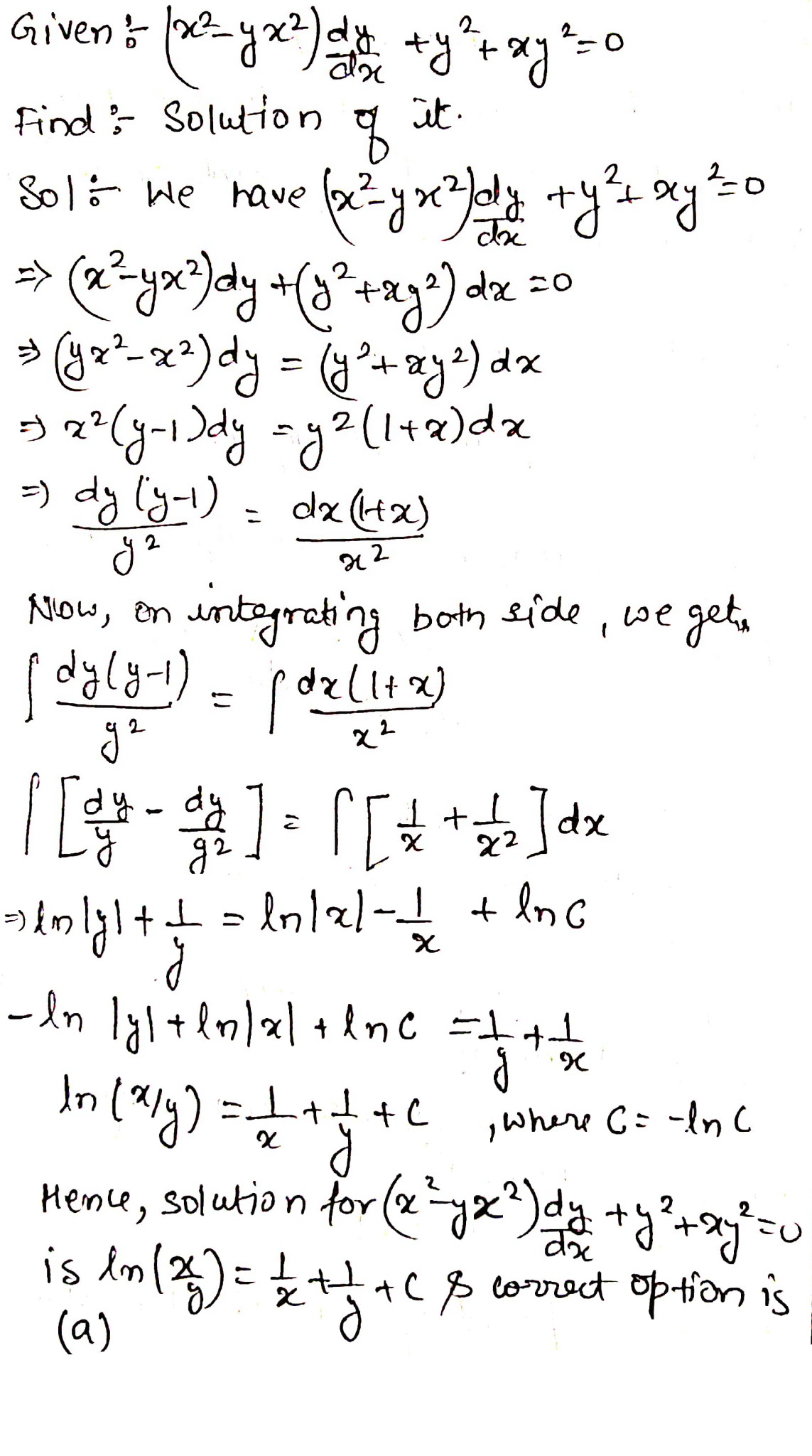 174 The Solution Of The Differential Equation X 2 Yx 2 Frac Dy Dx Y 2 Xy 2 0 Dce 08 A Log Frac X Y Frac 1 X Frac 1 Y C B Log Frac Y X Frac 1 X Frac 1 Y C C Log Xy Frac 1 X Frac 1 Y C D Log Xy Frac 1