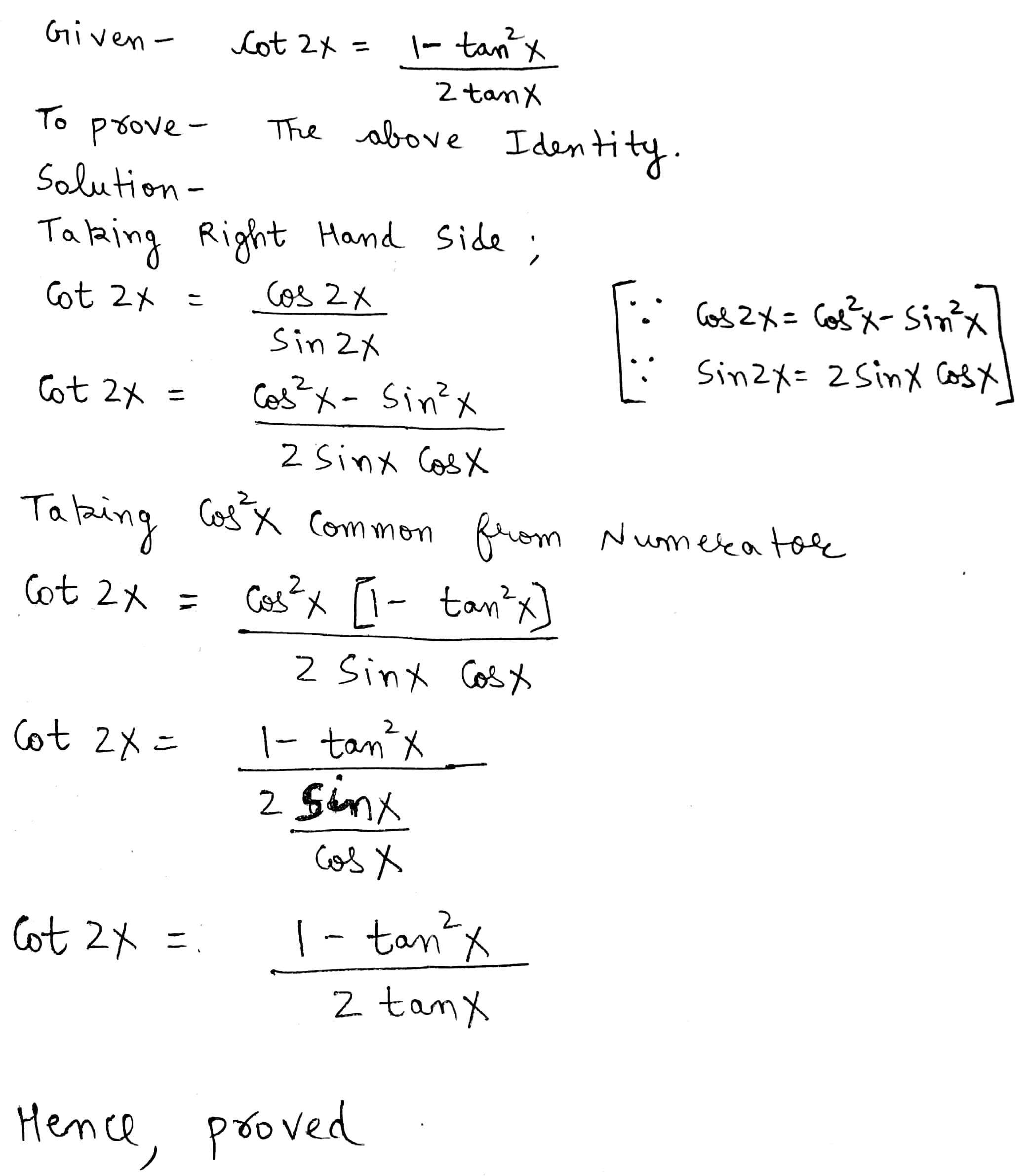 59 76 5 Prove The Identity 66 Cot 2x Frac 1 Tan 2 X 2 Tan X Snapsolve