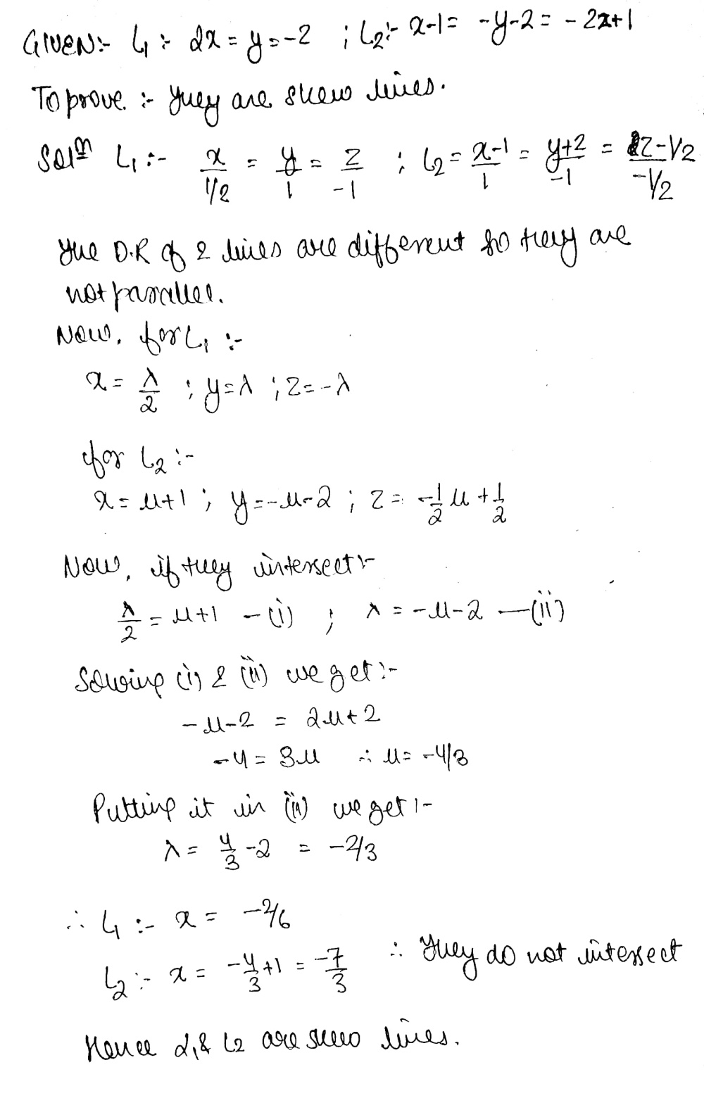 Prove That The Lines 2x Y Zwedge X 1 Y 2 2z 1 Are Skew Snapsolve