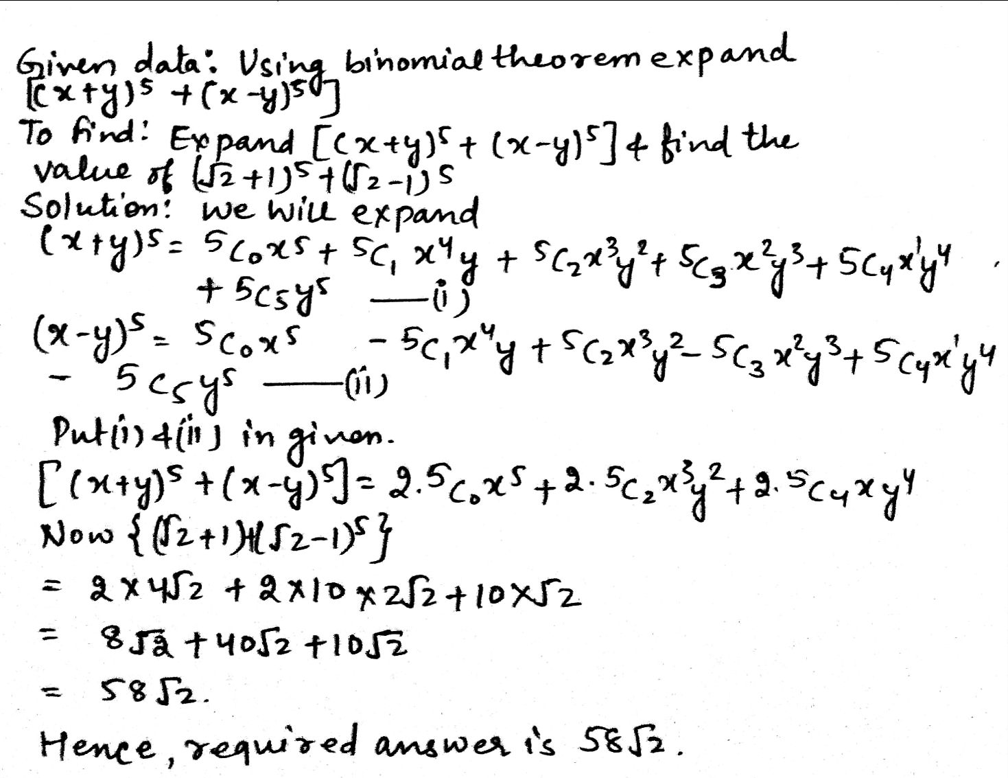 Iii Using Binomial Theorem Expand X Y 5 X Y 5 And Hence Find The Valueof Sqrt 2 1 5 Sqrt 2 1 5 Snapsolve