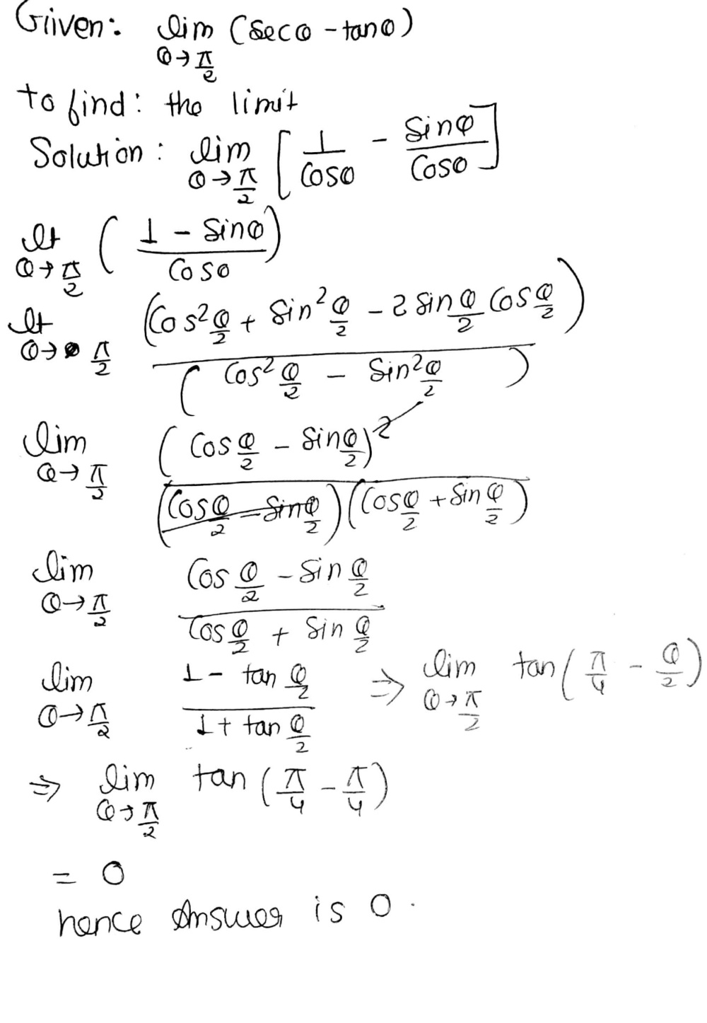 Evaluate Each Of The Following Lim Theta Rightarrow Frac Pi 2 Mathit Sec Theta Tan Theta Snapsolve