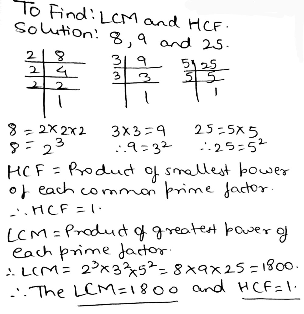 Find The Lcm And Hcf Of The Following Integers By Applying The Prime Factorization Method 8 9 And 25 Snapsolve