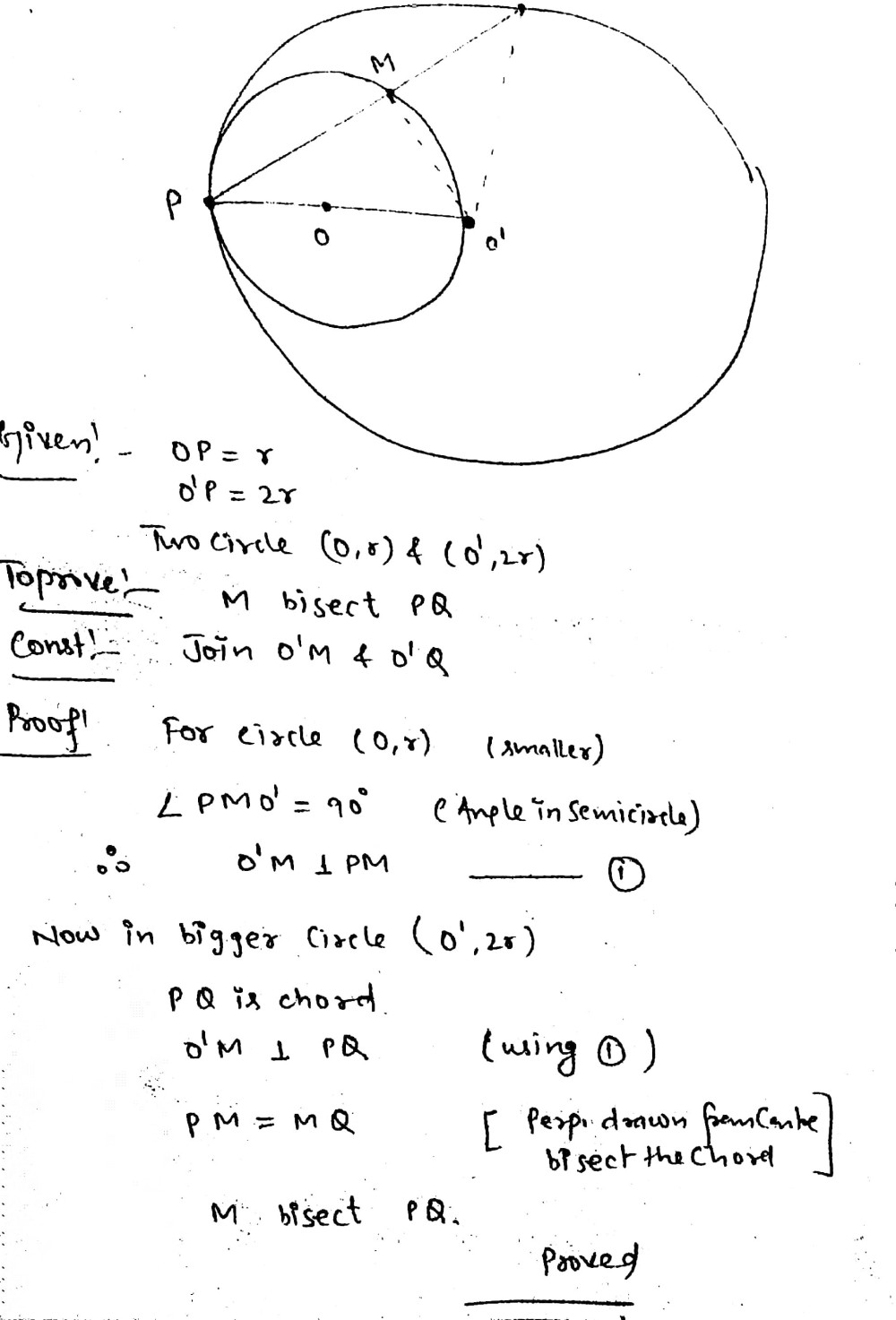 Two Circles C Mathit O1 R And C Left O Prime 2r Right Touch Each Other Internally At Point P A Chord Pq Of Bigger Circle Meets The Smaller Circle At M Show That M Bisects Pq Snapsolve