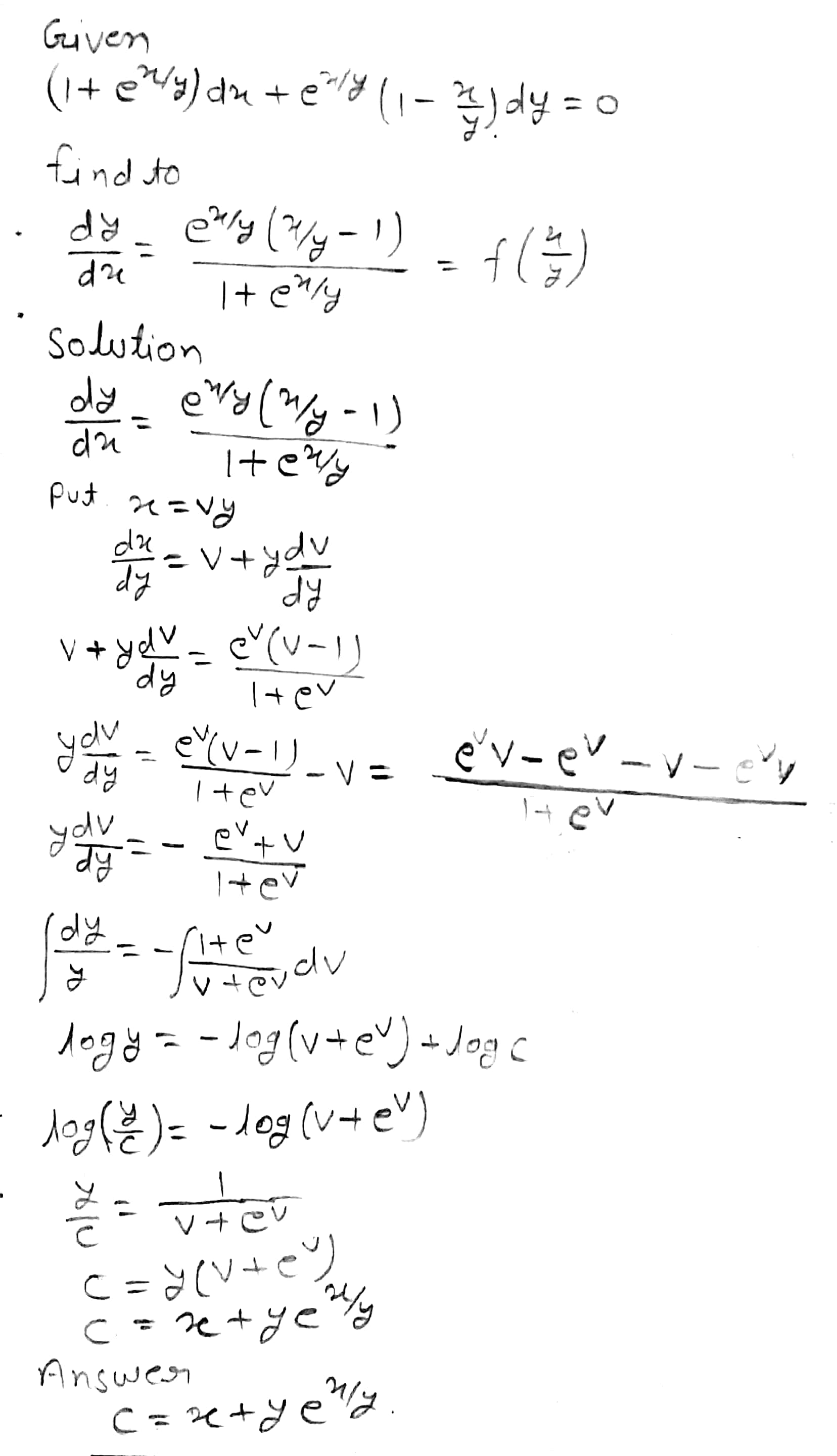 Solve The Following Differential Equations 1 E X Y Dx E X Y 1 Frac X Y Dy 0 Snapsolve