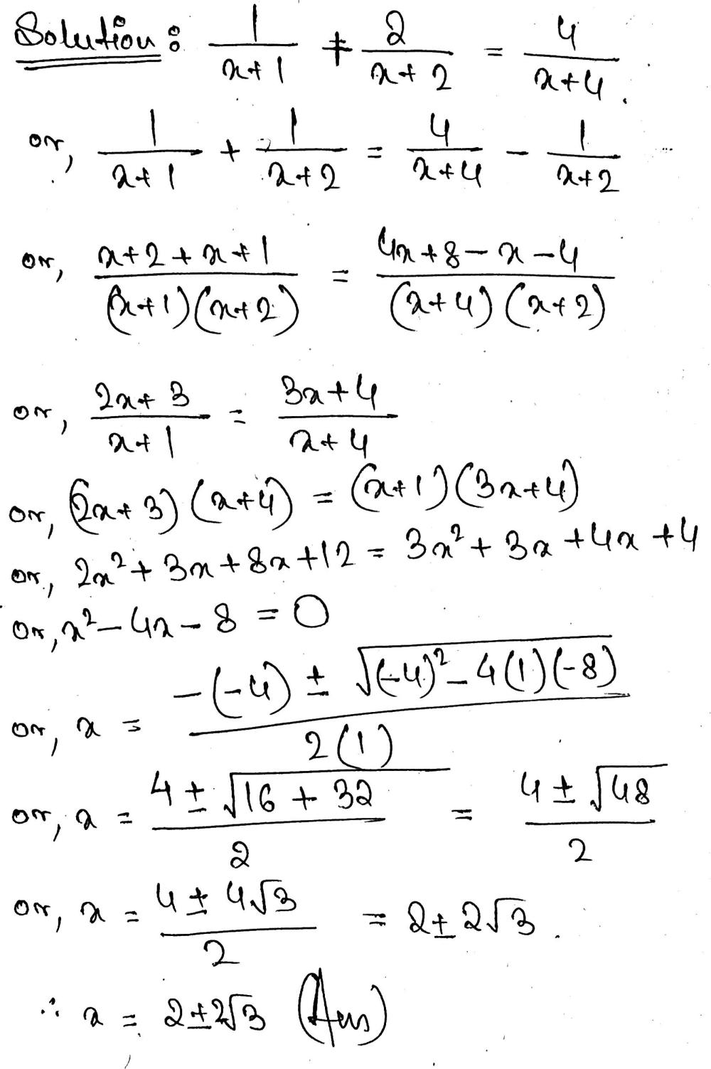 Solve The Equation By Using Factorisation Method Or By Quadratic Formula Frac 1 X 1 Frac 2 X 2 Frac 4 X 4 X Neq 1 2 4 Snapsolve