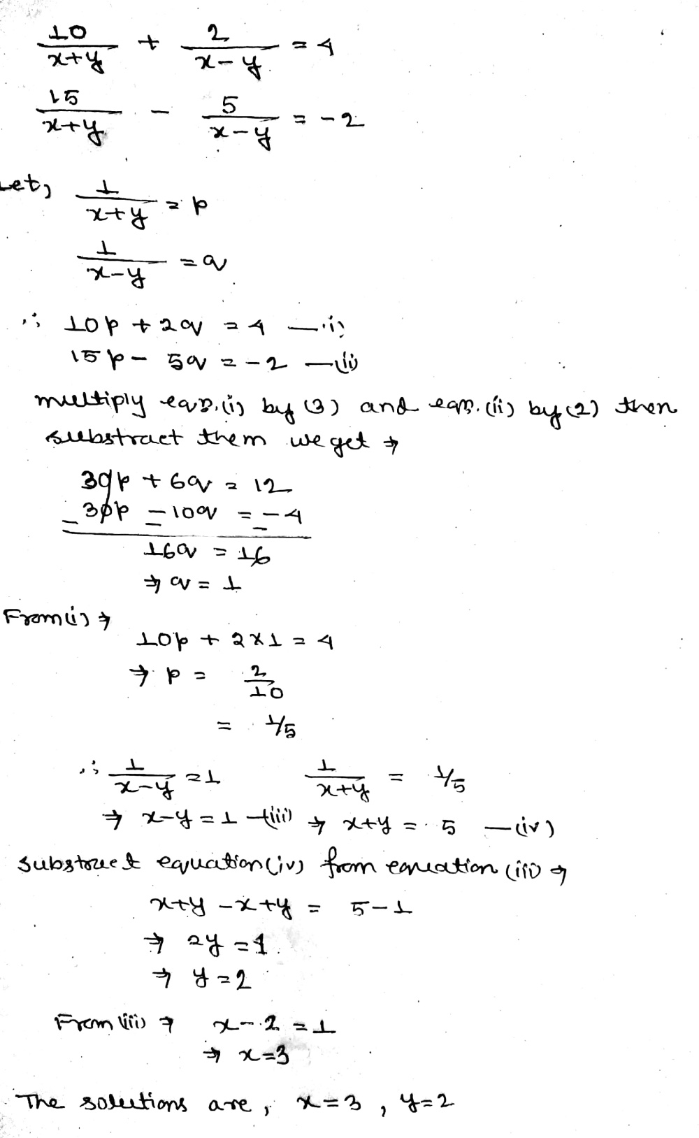 Solve The Following Pairs Of Equations By Reducing Them To A Pair Of Linear Equations Frac 10 X Y Frac 2 X Y 4 Frac 15 X Y Frac 5 X Y 2 Snapsolve