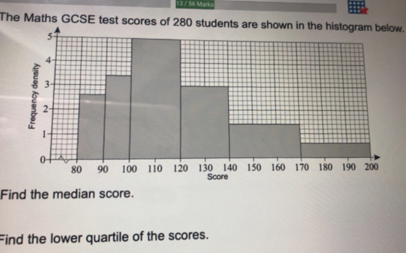 Solved: 13 / 56 Marks The Maths GCSE test scores of 280 students are ...