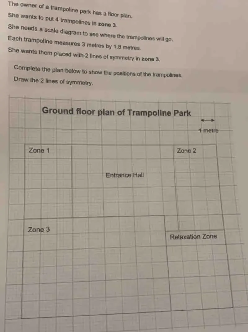 Solved: The owner of a trampoline park has a floor plan. She wants to ...